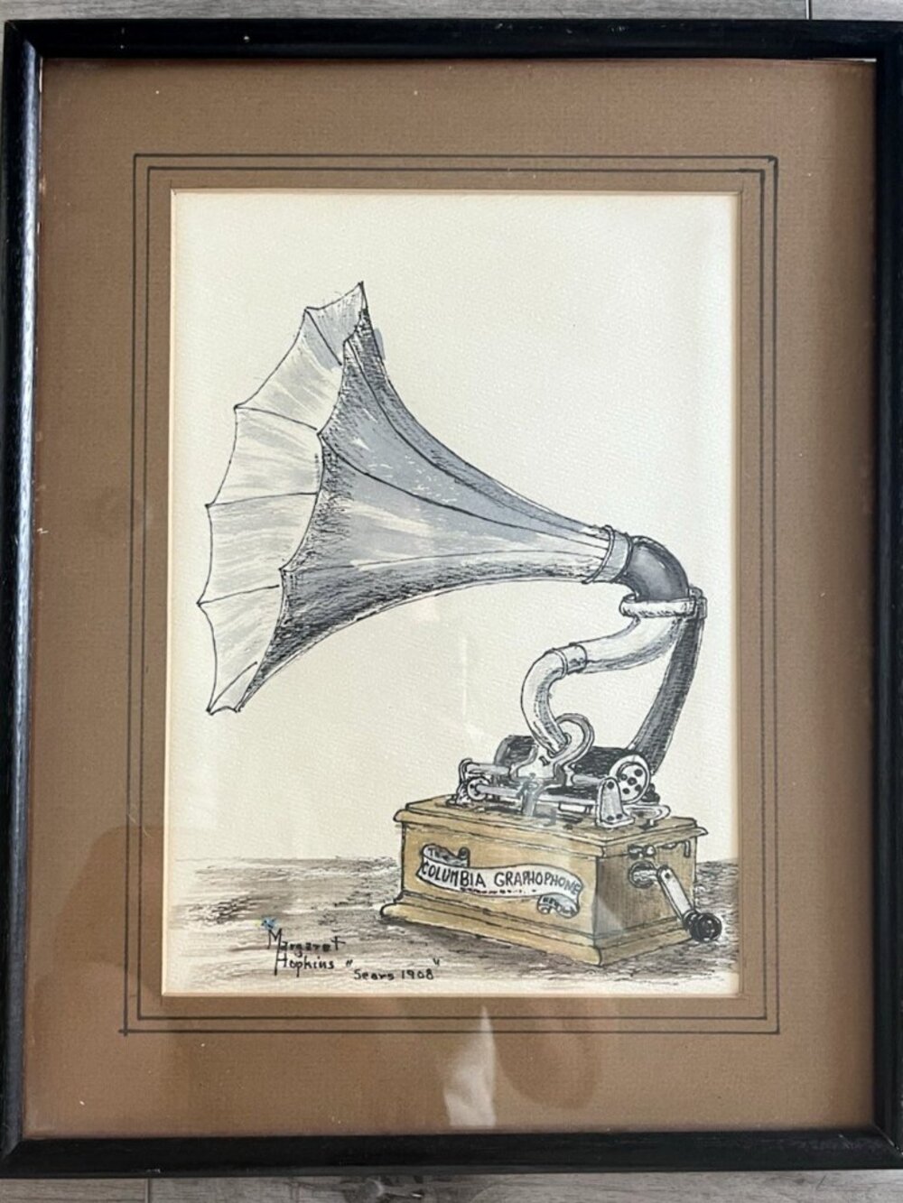 Vtg Margaret Hopkins Gramophone “Sears 1908” Graphite Framed Artwork Steampunk